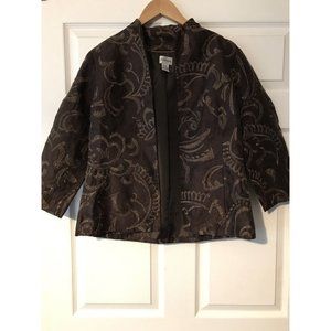 Chicos 1 Medium 8-10 Brown Gold Embroidered Floral Open Front Jacket Blazer
